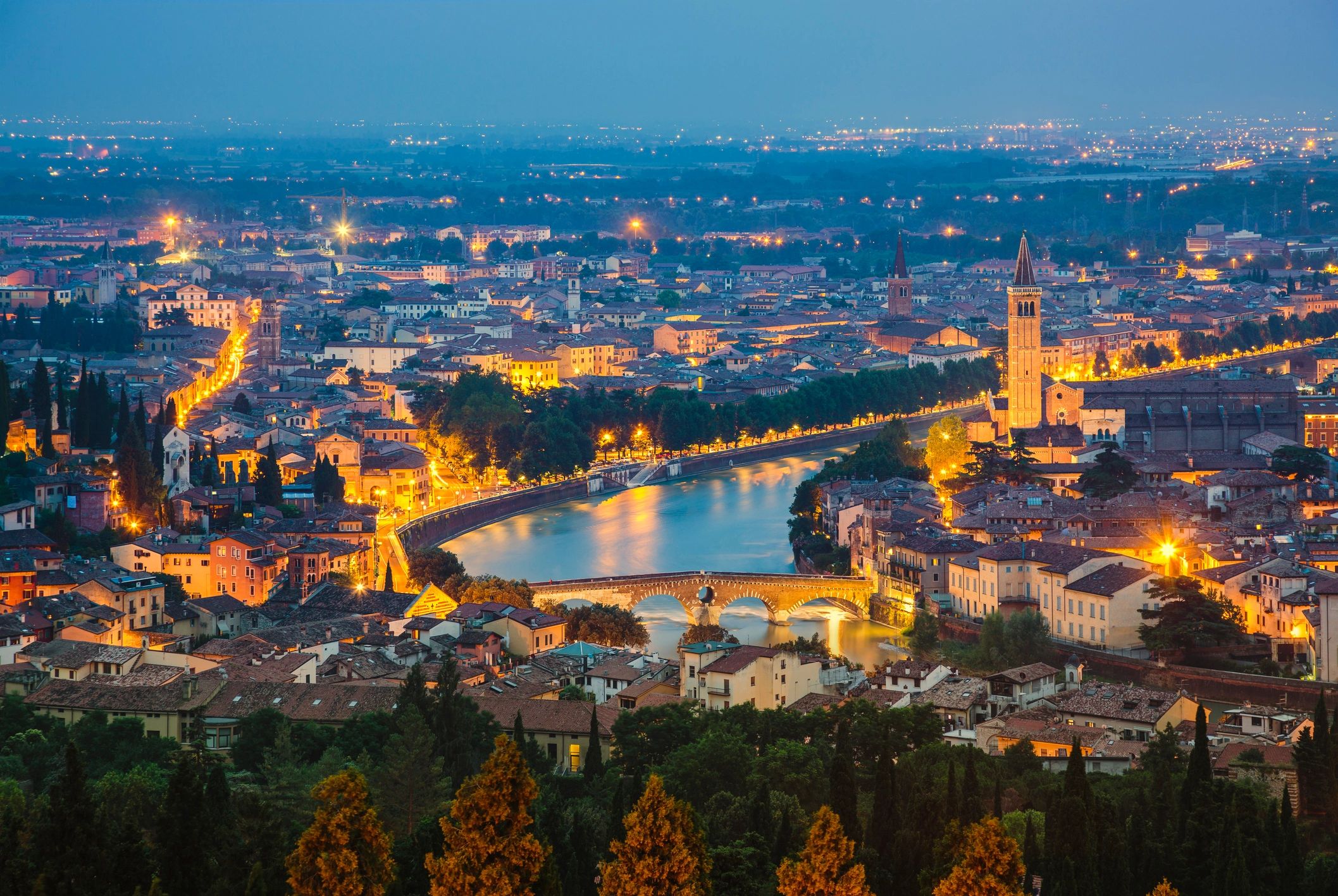 Panoramic view of Verona old town at dusk, Italy.