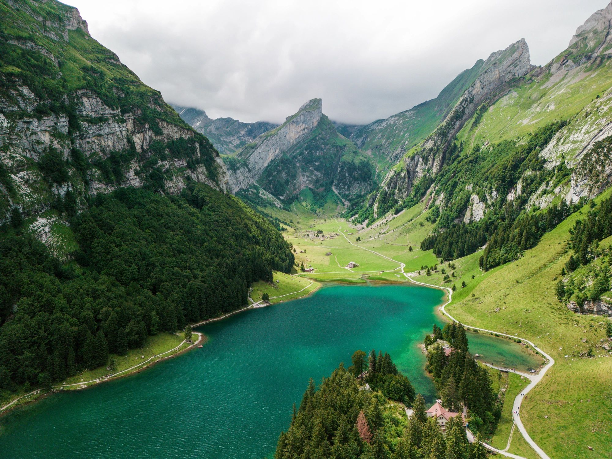 Aerial view of Seealpsee lake in Swiss Alps