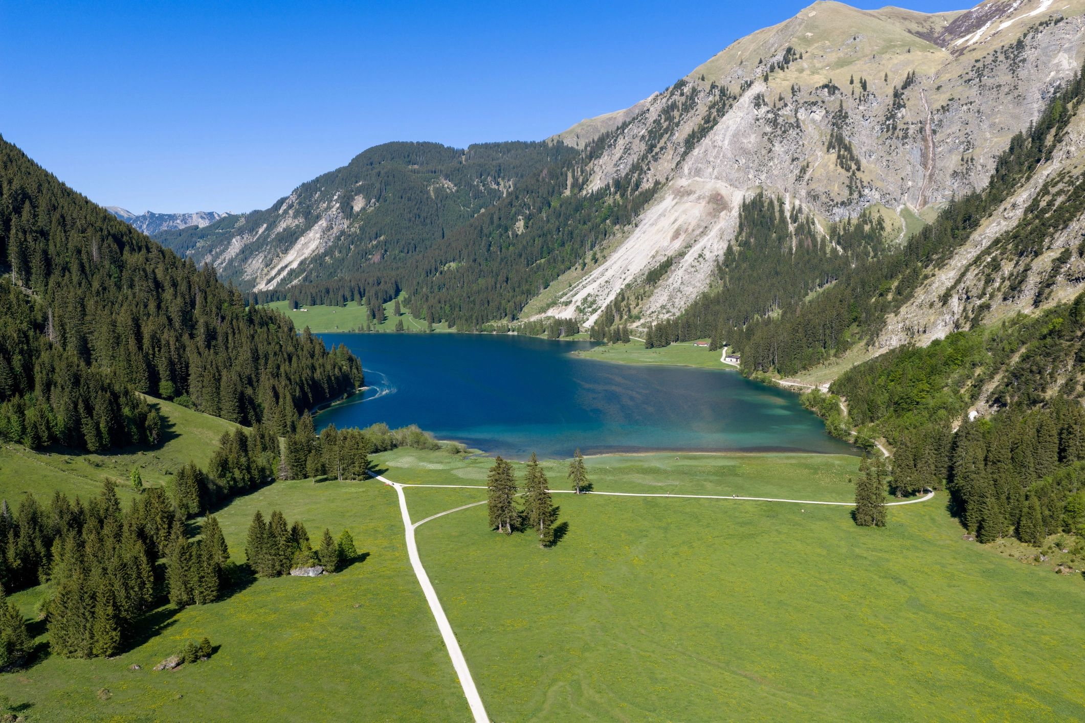 Aerial alpine lake route view