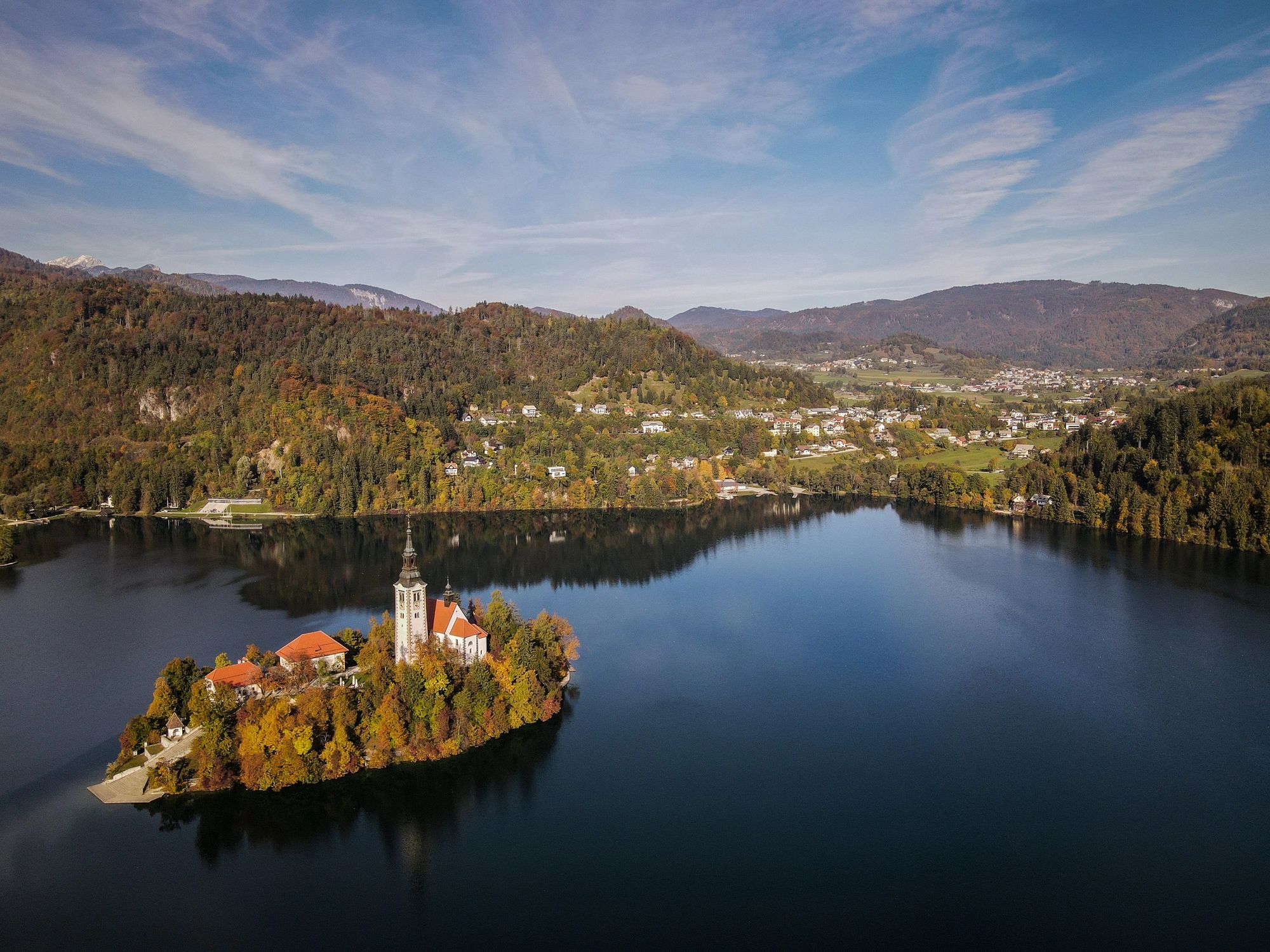 Lake Bled Island with Church of the Assumption of Mary in Autumn Colors