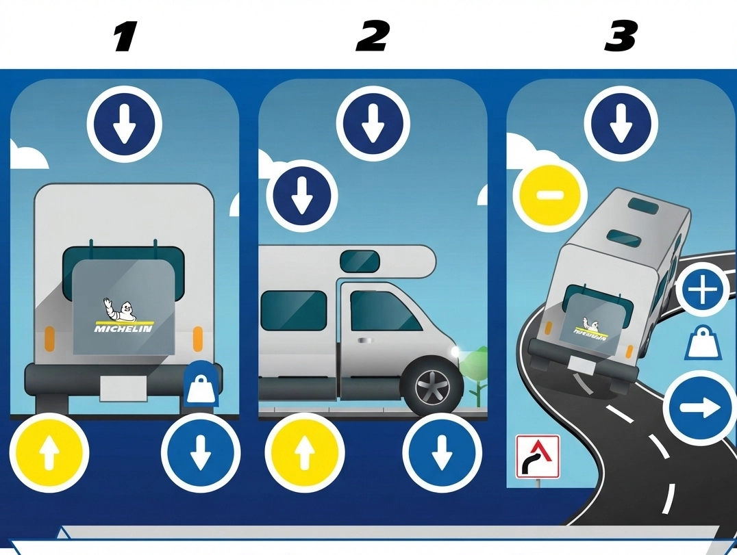 Illustration showing how motorhome tyre loads change across rear axle, parked load, and cornering forces