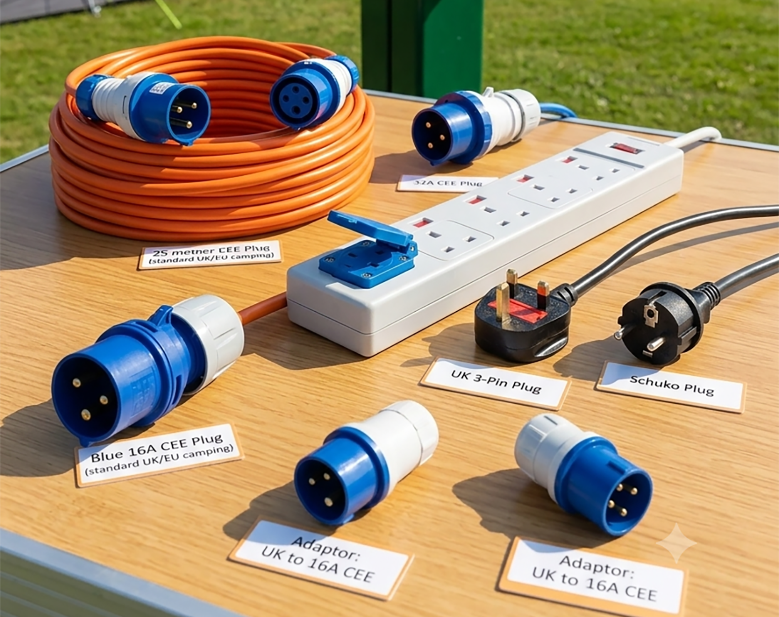 Common motorhome electric hook-up connection types for Roller Team motorhome touring