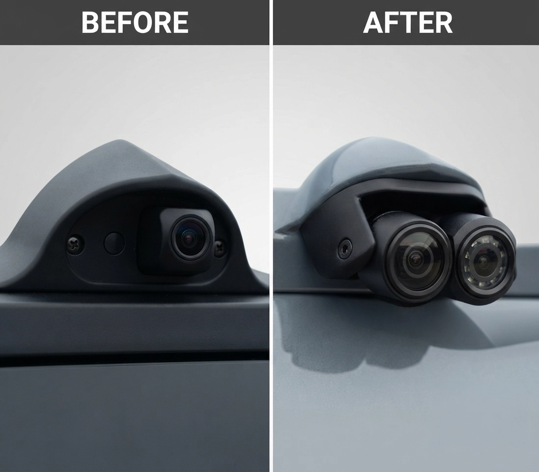 Before and after view of Roller Team twin camera upgrade unit