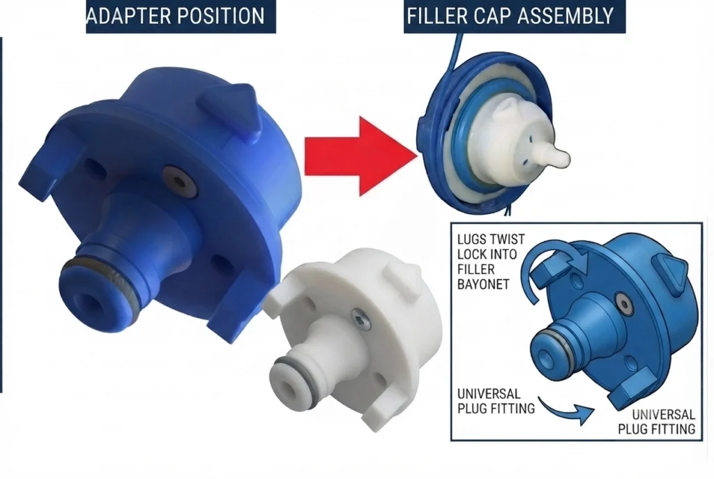 Water Filler Cap With Hose Fitting (40mm version used on fiamma - Roller Team and others hozelock type) FAP